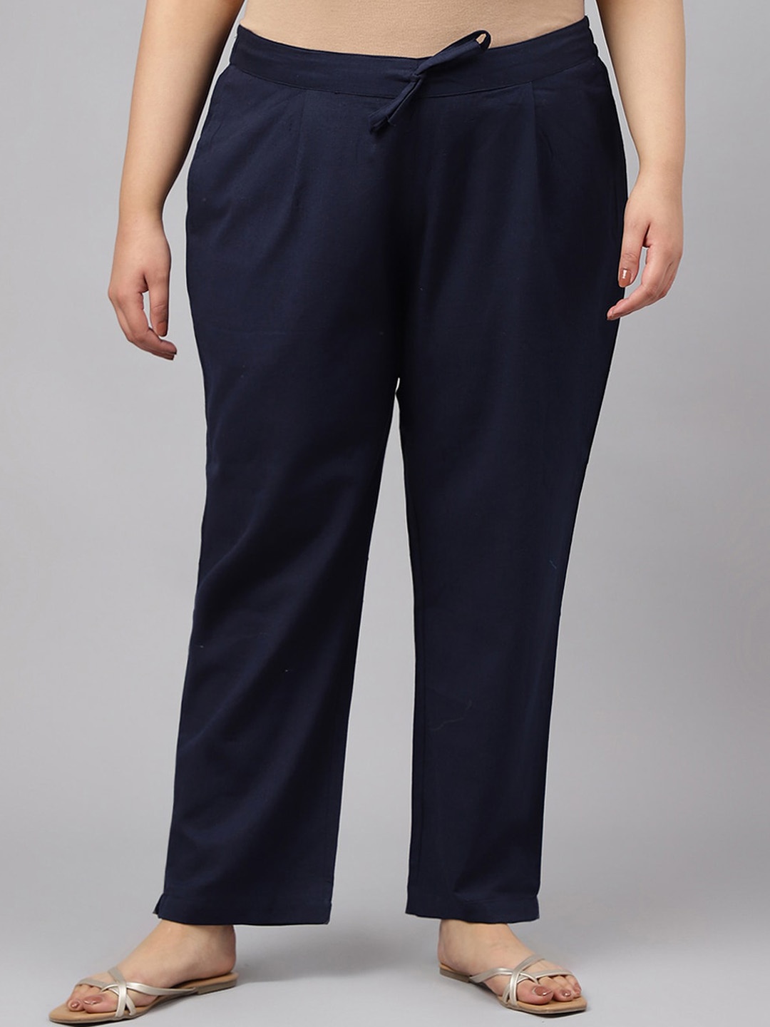 

JAIPUR ATTIRE Women Plus Size Relaxed Mid-Rise Pleated Trousers, Blue