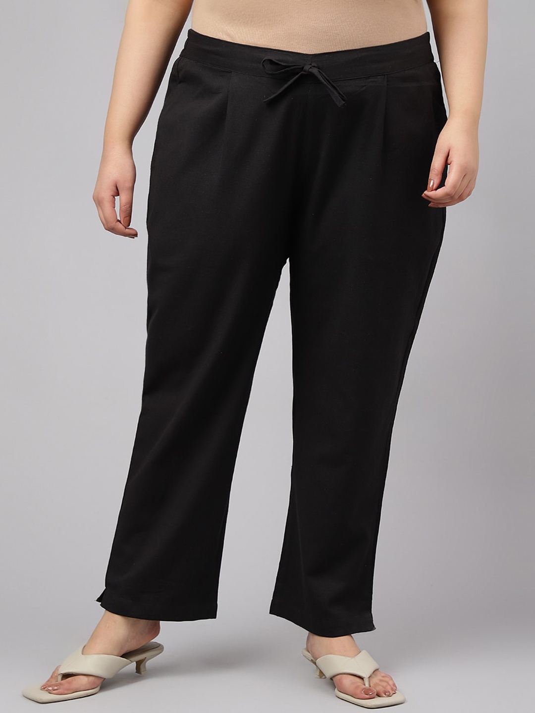 

JAIPUR ATTIRE Women Plus Size Relaxed Pleated Trousers, Black