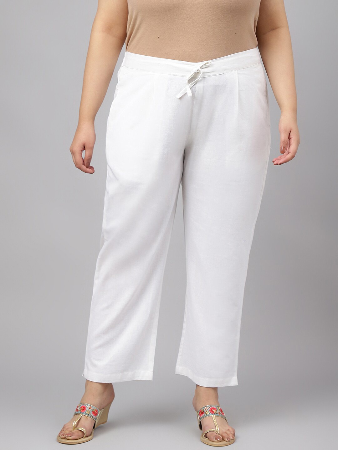 

JAIPUR ATTIRE Women Plus Size Relaxed Fit Cotton Regular Trousers, White