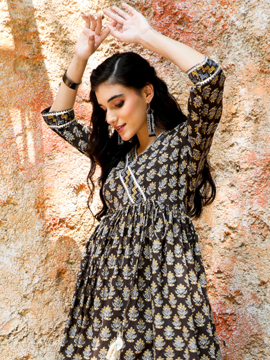 

Jaipur Kurti Ethnic Motifs Printed Gotta Patti Anarkali Cotton Kurta, Coffee brown
