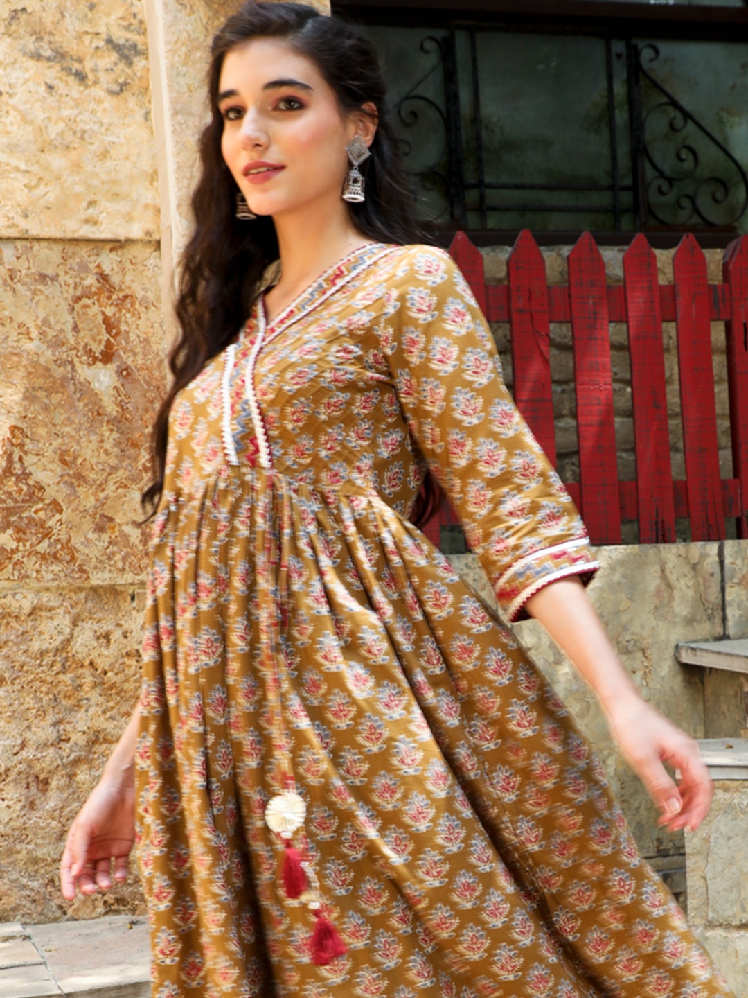 

Jaipur Kurti Ethnic Motifs Printed Gotta Patti Cotton Anarkali Kurta, Brown