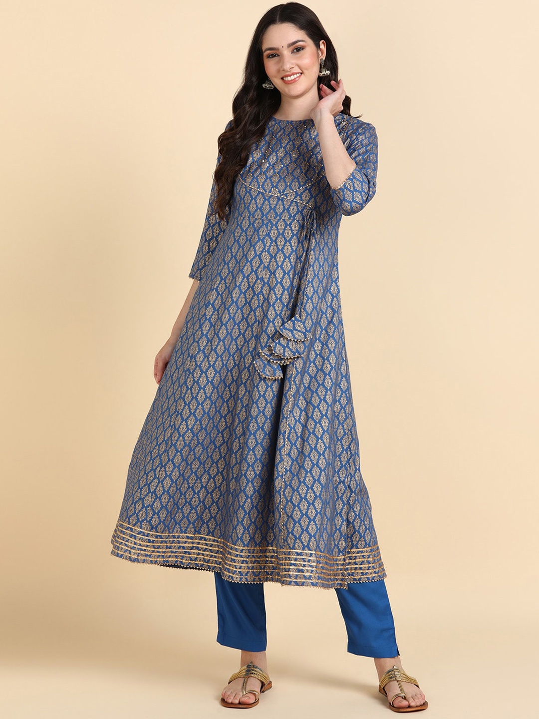 

HERE&NOW Ethnic Motifs Printed Kurta with Trousers, Blue