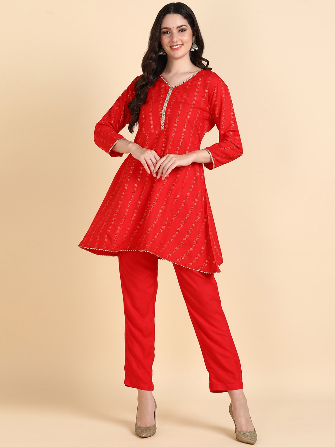 

HERE&NOW Red Ethnic Motifs Printed Regular Kurti with Trousers