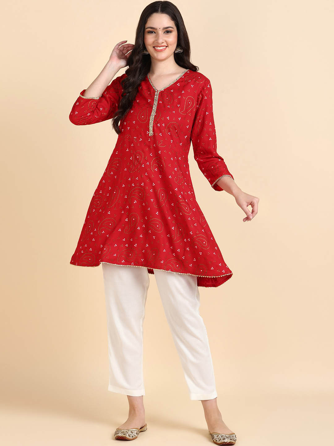 

HERE&NOW Ethnic Motifs Printed Regular Kurti With Trousers, Red