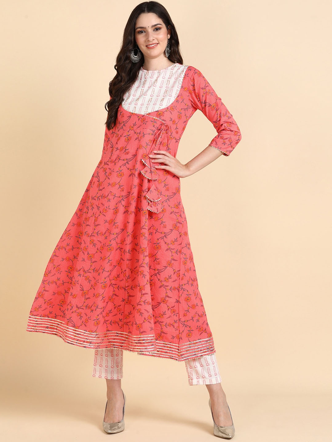 

HERE&NOW Floral Printed Regular Kurta with Trousers, Peach