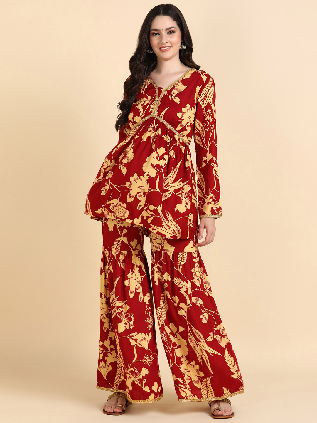 

HERE&NOW Rust Floral Printed Regular Kurti With Sharara