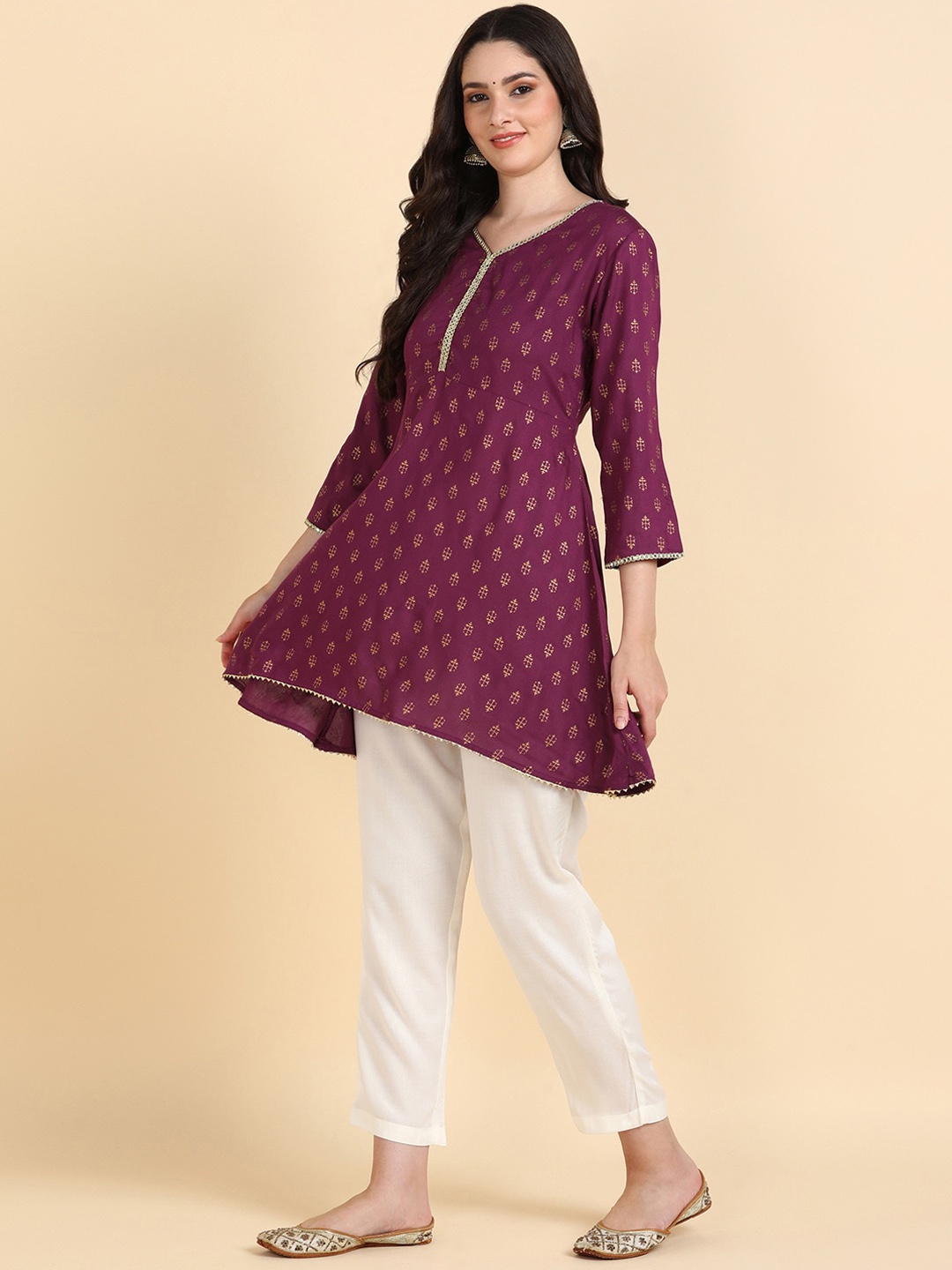 

HERE&NOW Ethnic Motifs Printed Regular Gotta Patti Kurti With Trousers, Purple