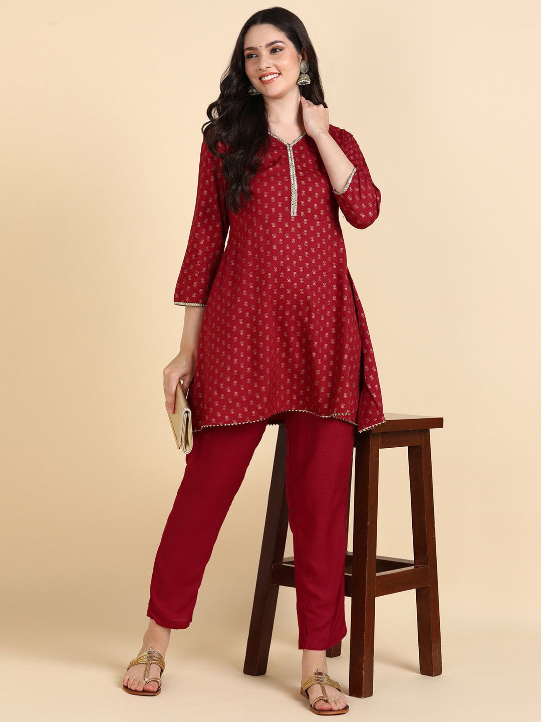 

HERE&NOW Ethnic Motifs Printed Gotta Patti Kurti with Trousers, Maroon