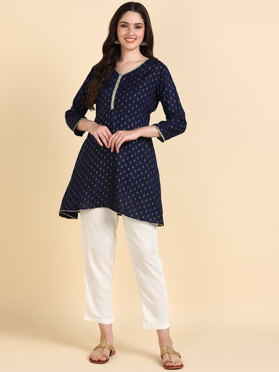 

HERE&NOW Ethnic Motifs Printed Gotta Patti Kurti with Trousers, Blue