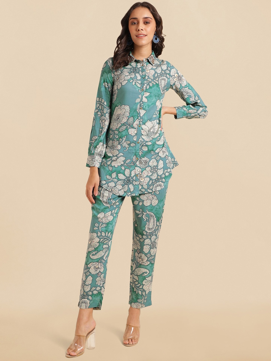 

KALINI Floral Printed Shirt Style Top & Trousers, Teal