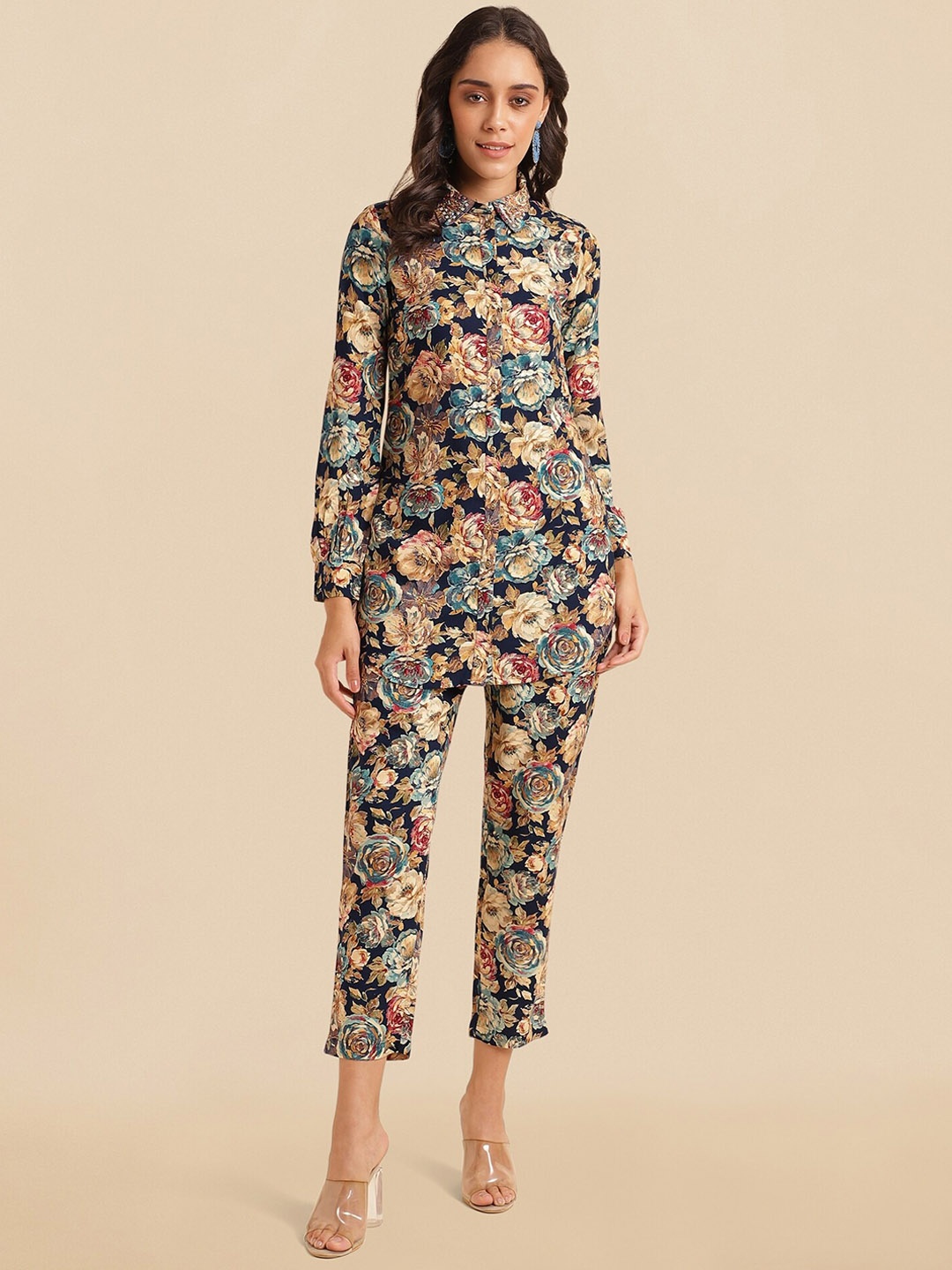 

KALINI Floral Printed Tunic & Trousers, Navy blue