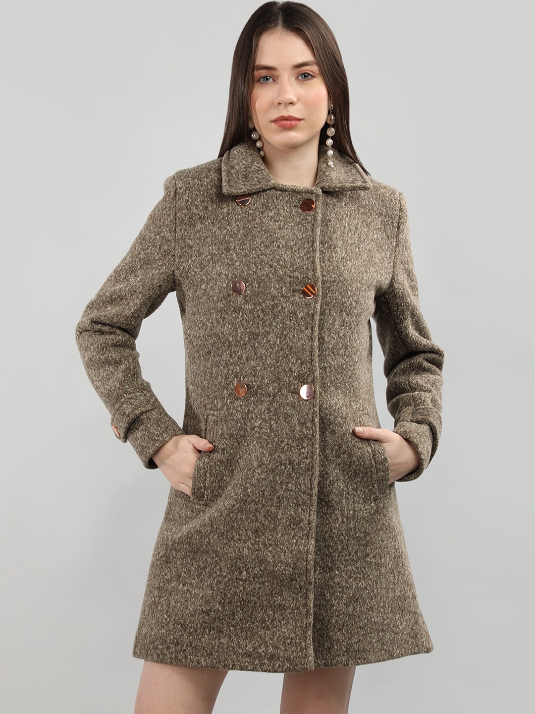

LEBORK Double-Breasted Spread Collar Woollen Overcoat, Coffee brown