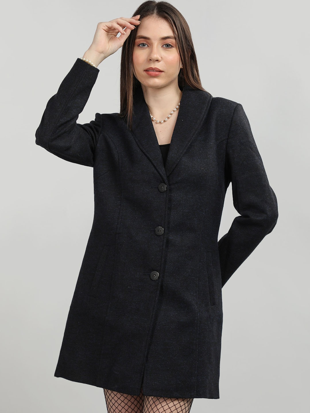 

LEBORK Single Breasted Shawl Collar Woollen Overcoat, Black