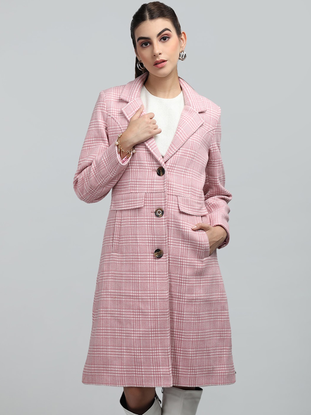 

LEBORK Checked Single-Breasted Woolen Overcoat, Pink