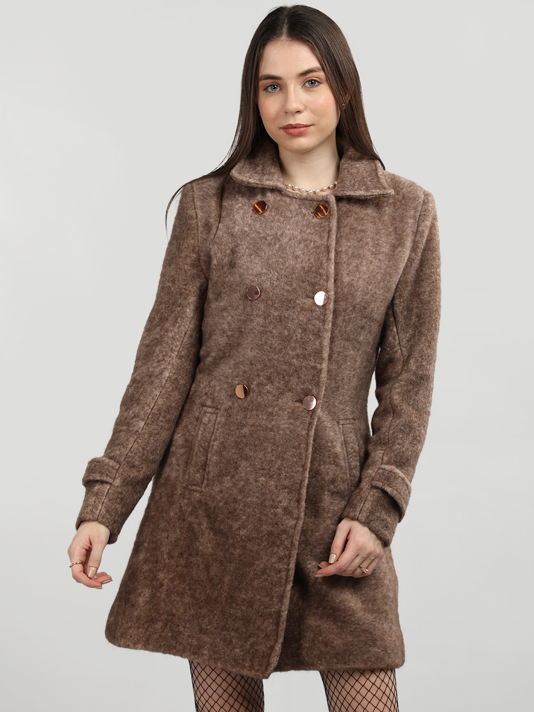 

LEBORK Spread Collar Double Breasted Spread Collar Overcoat, Brown