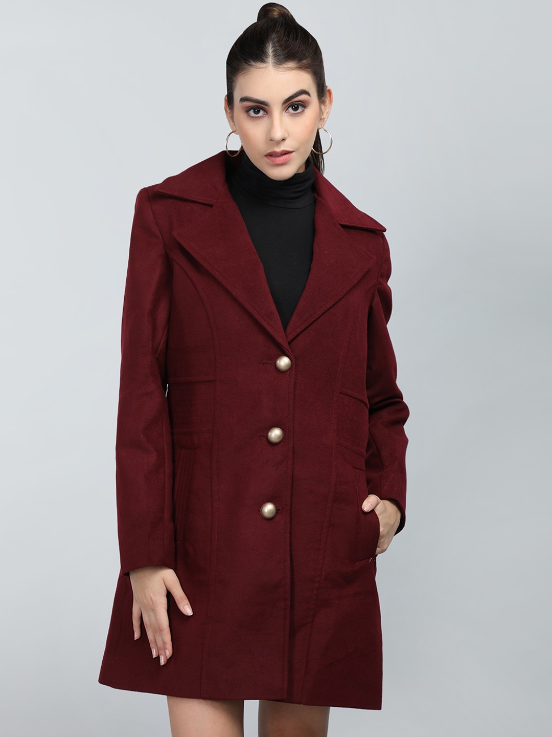 

LEBORK Single Breasted Notched Lapel Collar Woollen Overcoat, Maroon