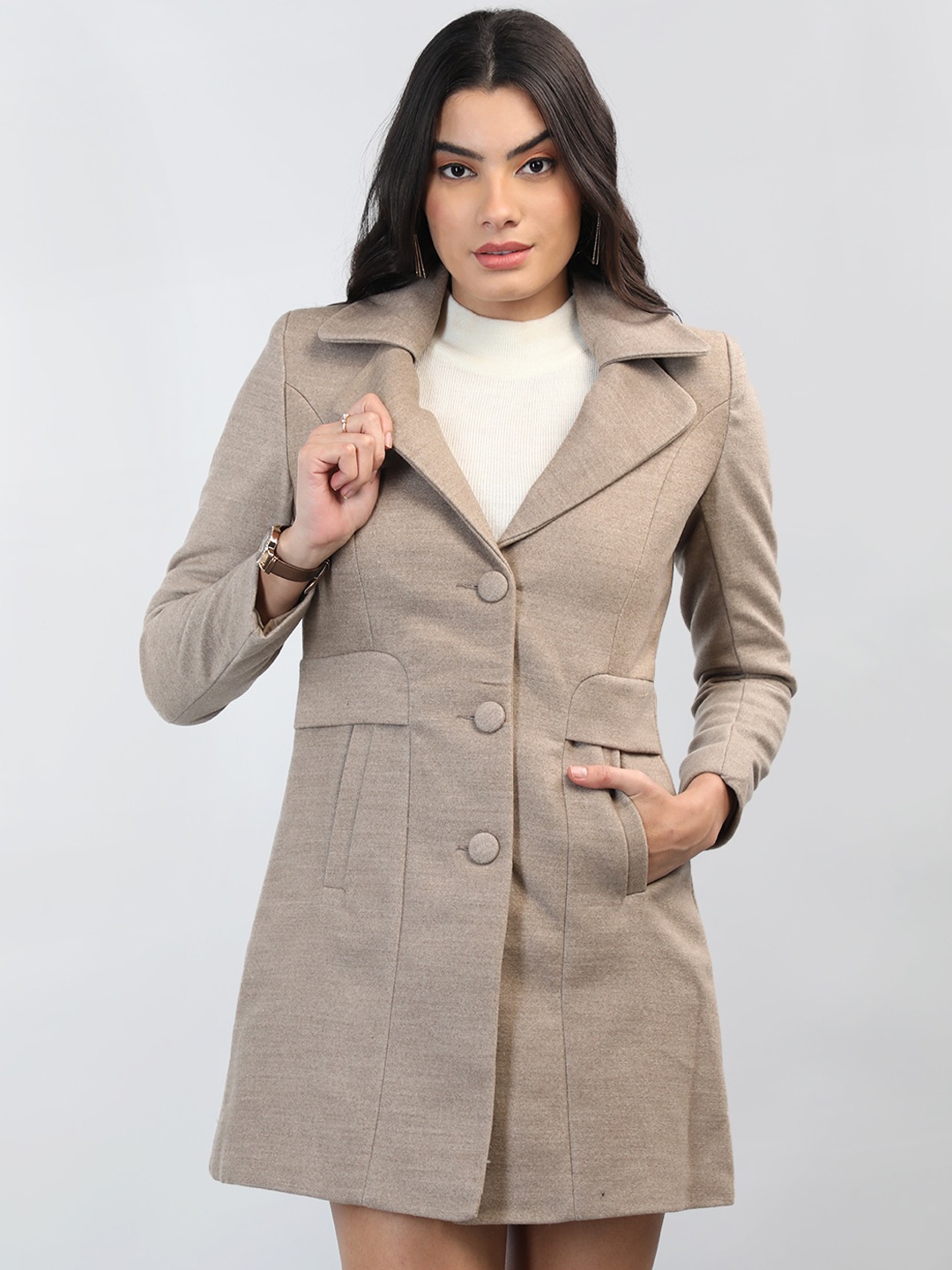 

LEBORK Single Breasted Notched Lapel Collar Woollen Overcoat, Beige