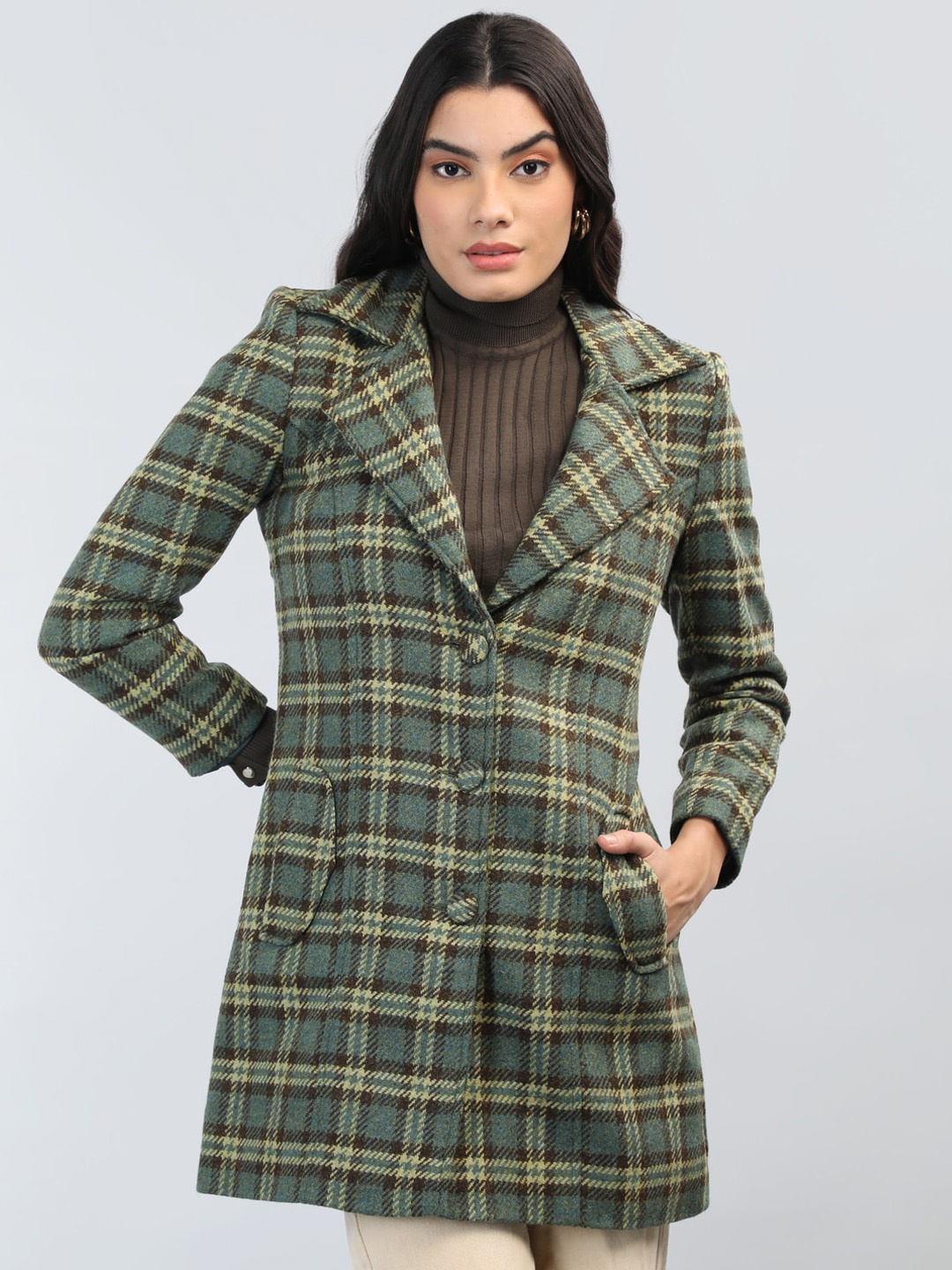 

LEBORK Single Breasted Checked Notched Lapel Collar Overcoat, Olive