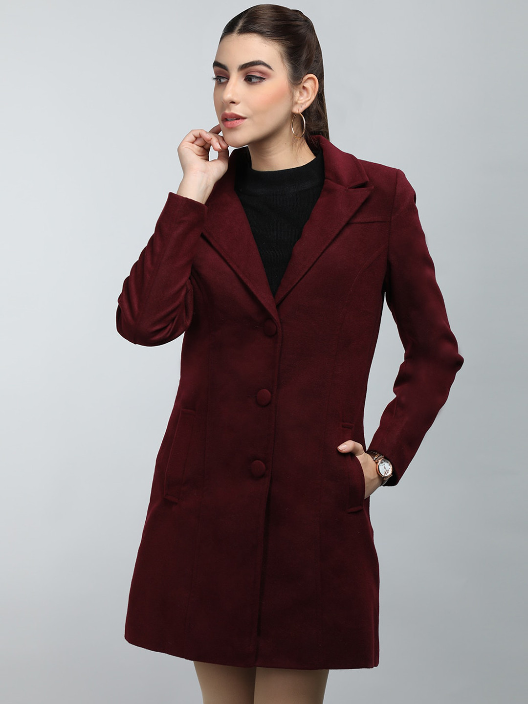 

LEBORK Single Breasted Notched Lapel Collar Overcoat, Maroon