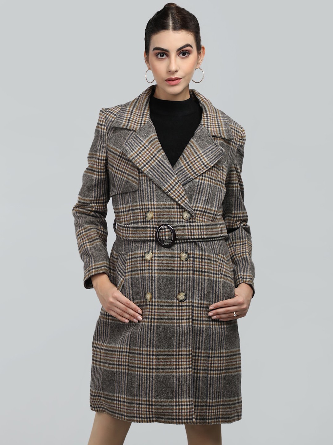 

LEBORK Double Breasted Checked Notched Lapel Wool Trench Coat, Grey