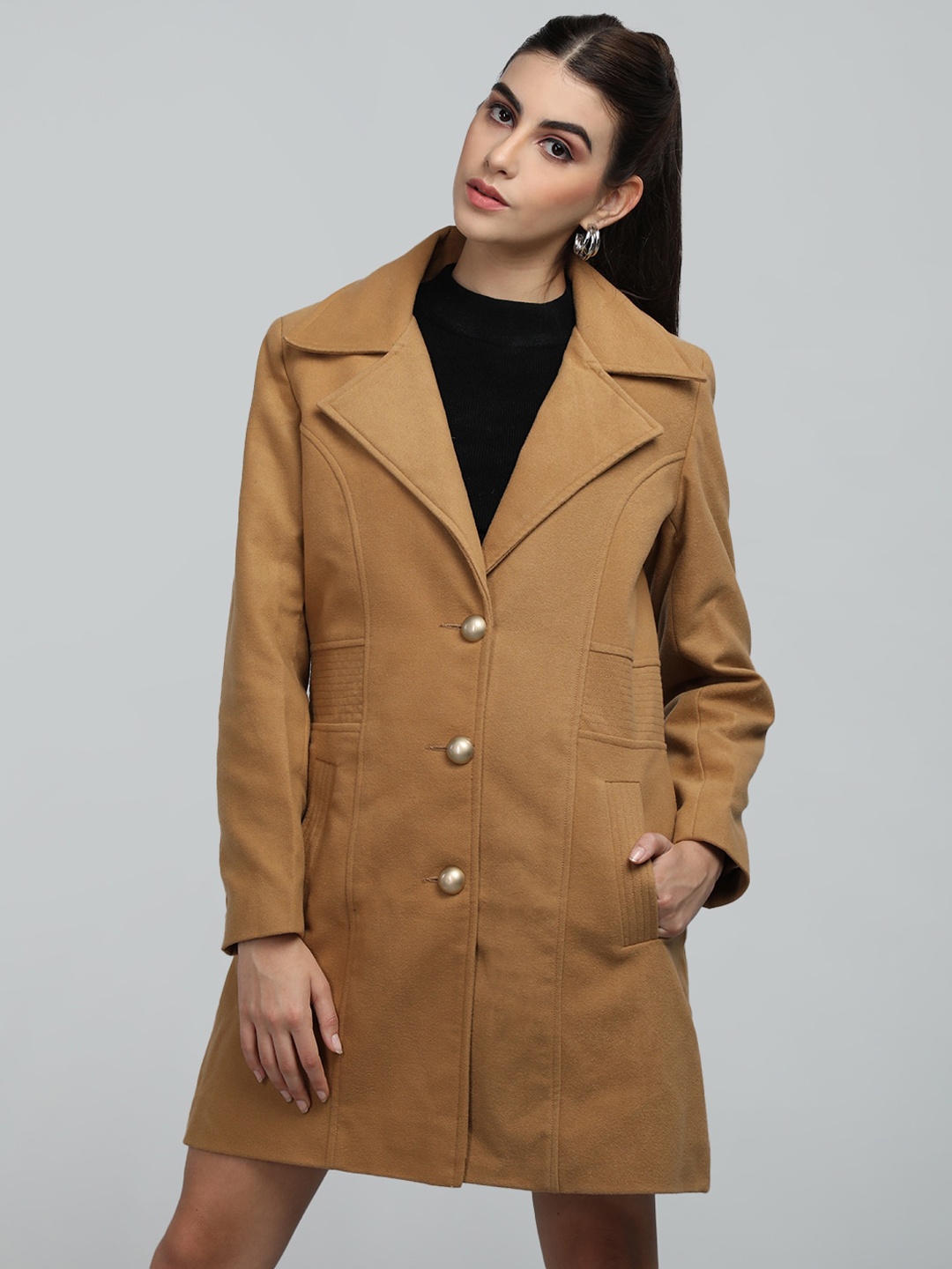 

LEBORK Single Breasted Notched Lapel Collar Woolen Overcoat, Brown