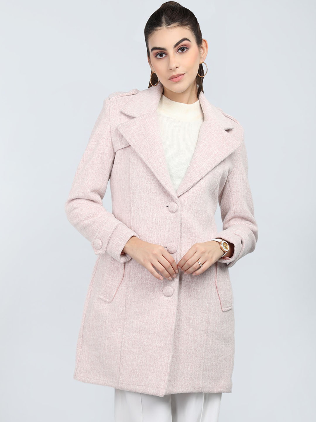 

LEBORK Single Breasted Notched Lapel Collar Woollen Overcoat, Pink