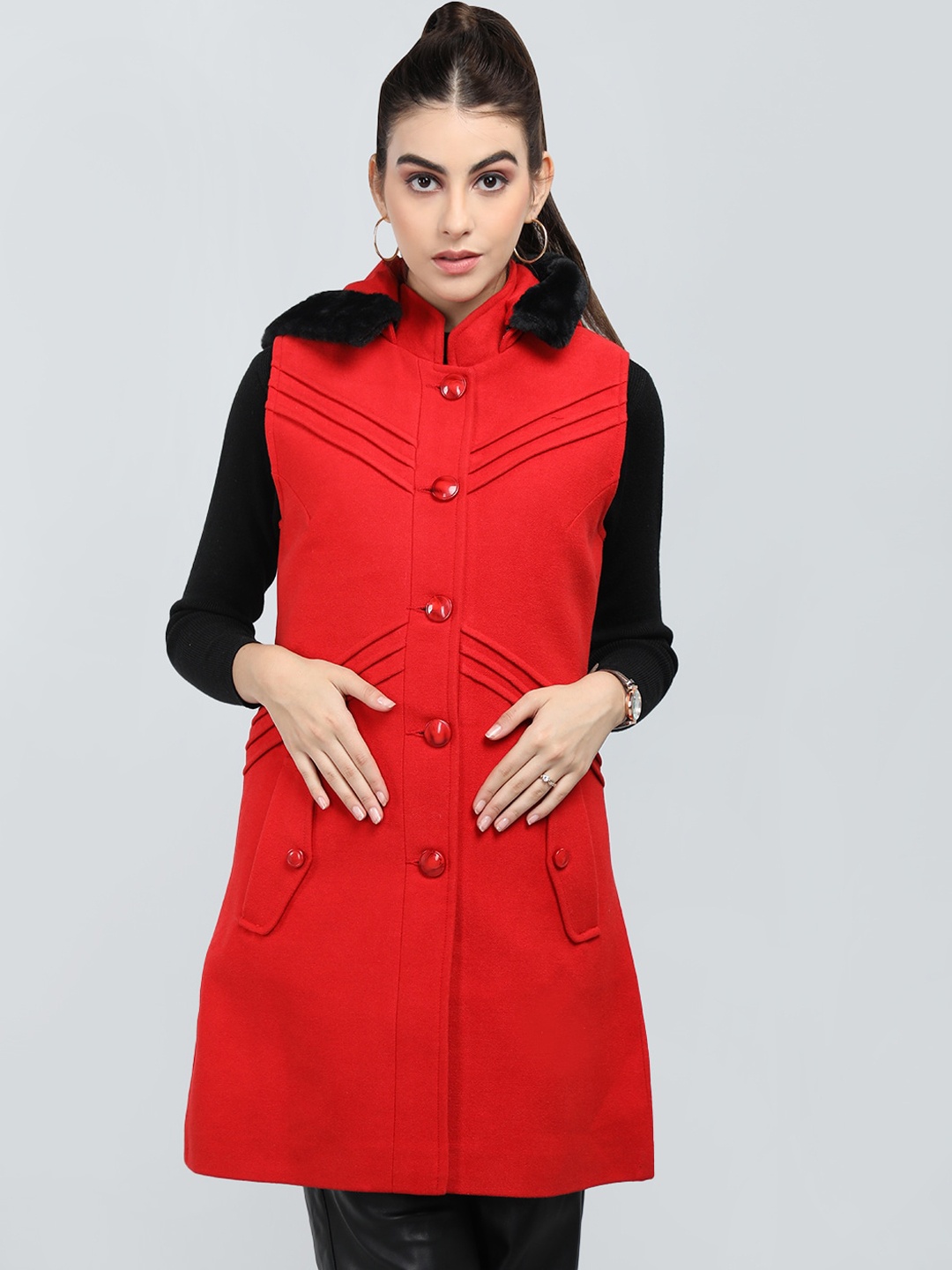 

LEBORK Single Breasted Hooded Sleeveless Stand Collar Overcoat, Red