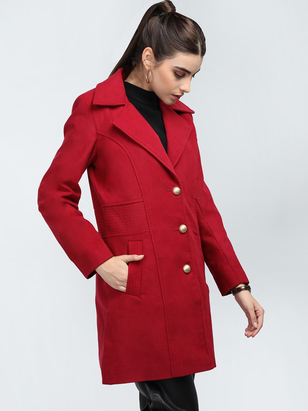 

LEBORK Single Breasted Notched Lapel Collar Woollen Overcoat, Magenta