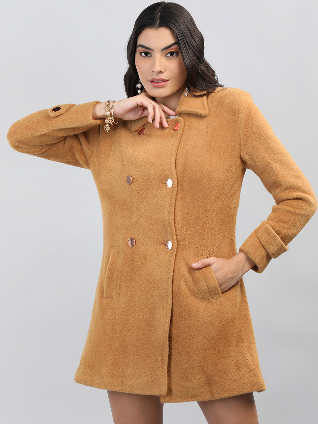 

LEBORK Spread Collar Long Sleeve Wool Double Breasted Overcoat, Tan