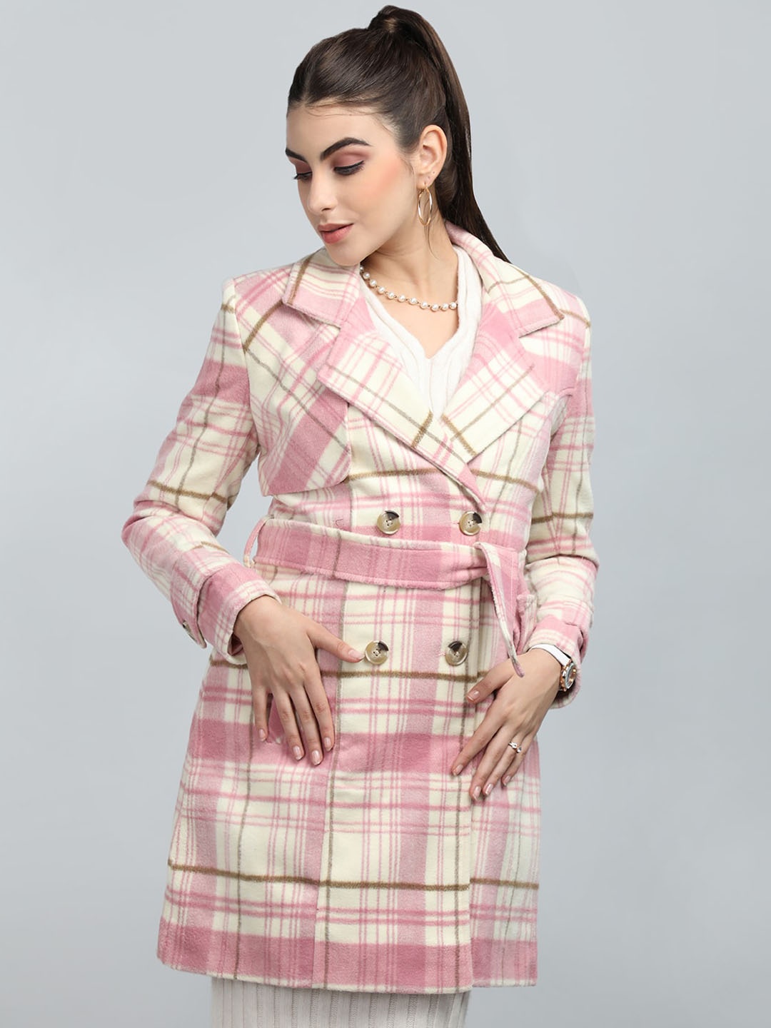 

LEBORK Checked Double Breasted Notched Lapel Collar Overcoat, Pink
