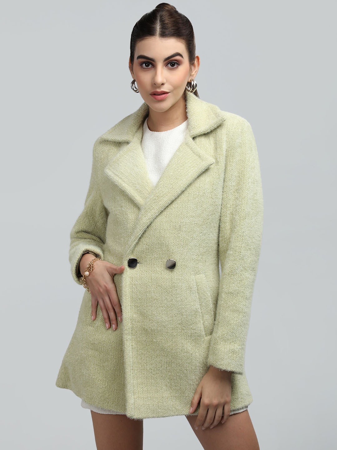 

LEBORK Double Breasted Notched Lapel Collar Overcoat, Green