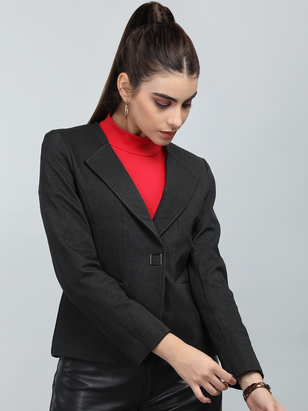 

LEBORK Single Breasted Notched Lapel Collar Crop Overcoat, Black
