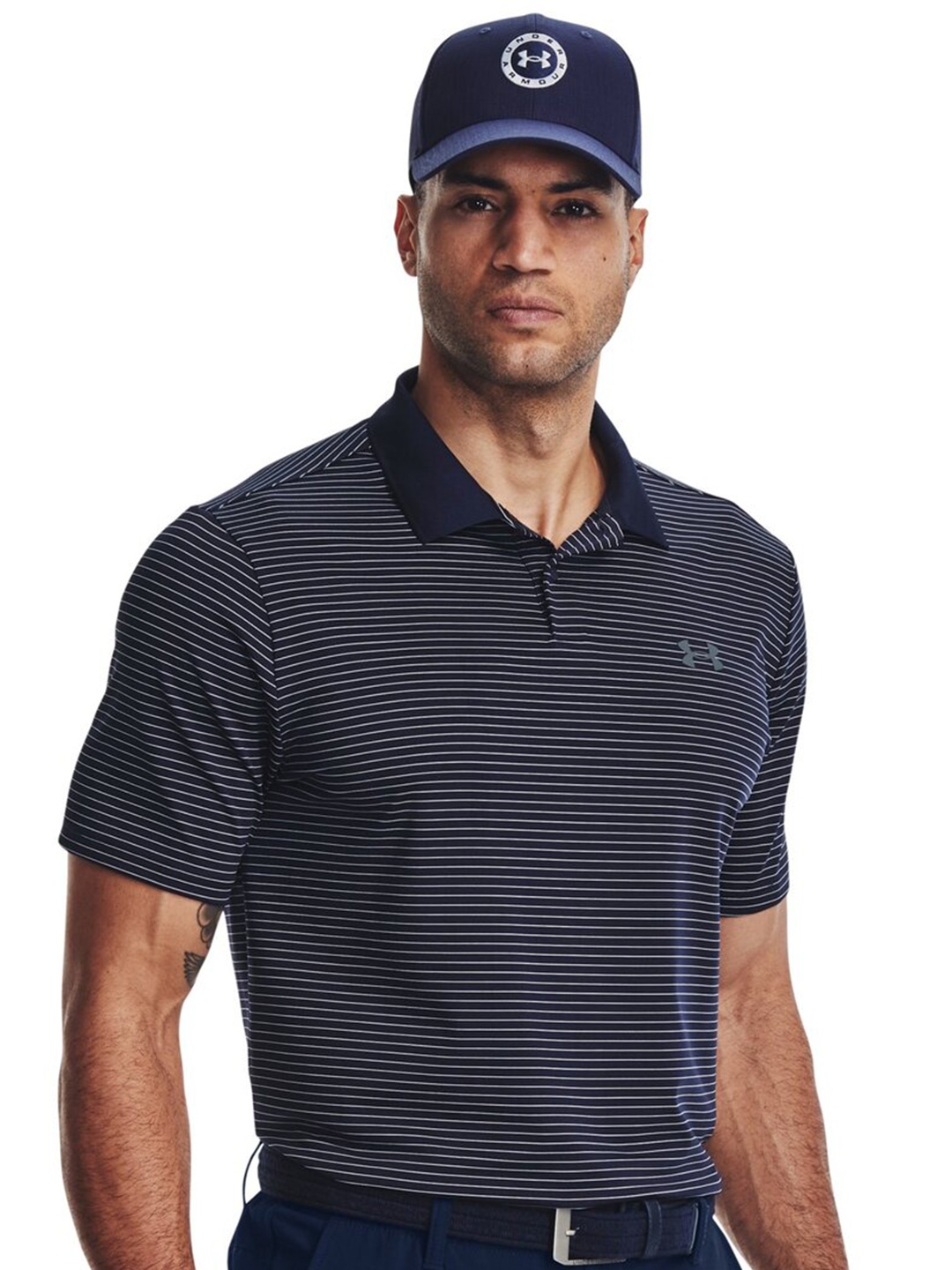 

UNDER ARMOUR Striped Polo Collar T-Shirt, Blue