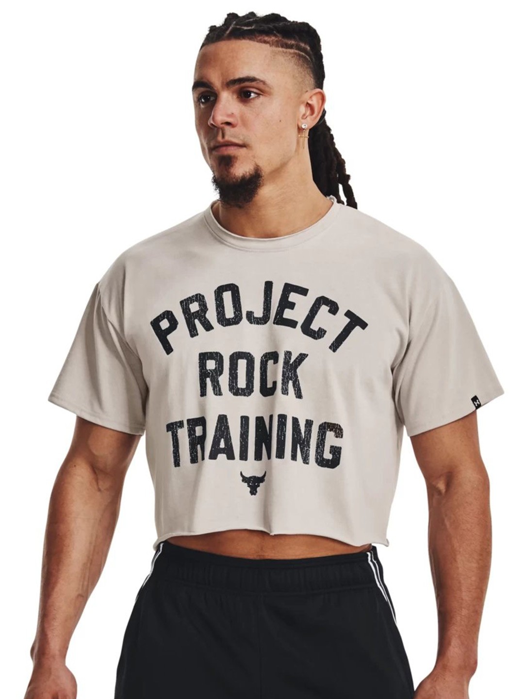 

UNDER ARMOUR Project Rock Typography Printed Heavyweight Cutoff Crop T-Shirt, Grey