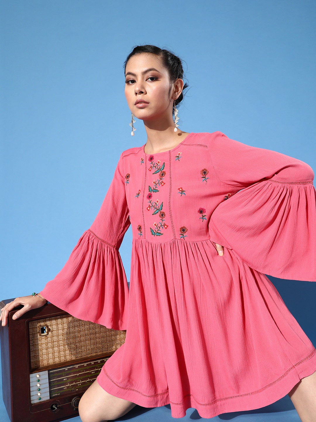 

DressBerry Women Pretty Pink Floral Bell Sleeves Dress