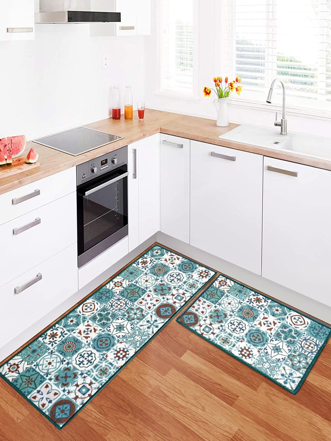 

Matz and More 2 Pcs Blue & White Ethnic Motifs Anti-Slip Floor Runners