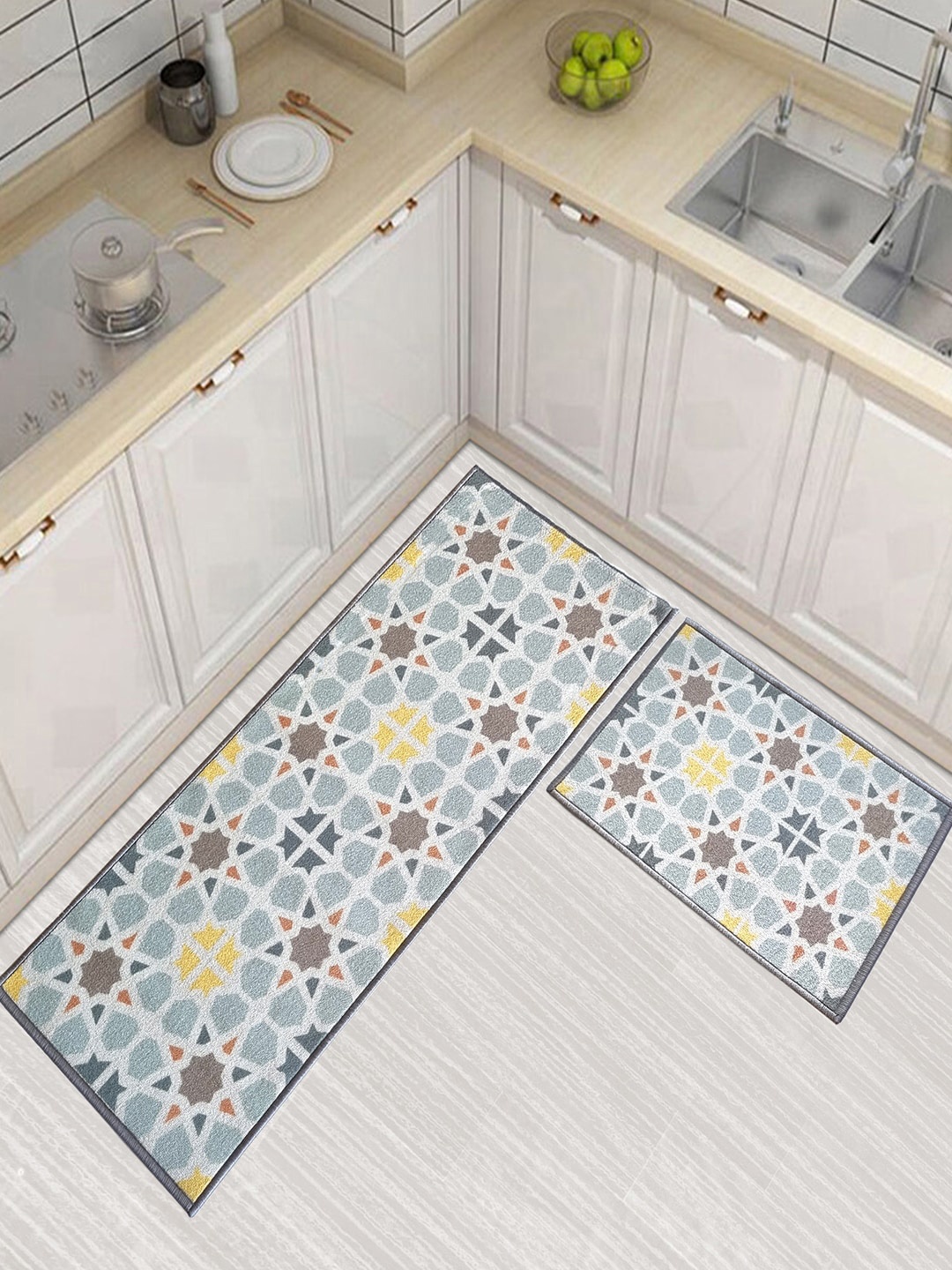 

Matz and More Blue & White 2 Pieces Geometric Printed Anti-Slip Runner & Floor Mat