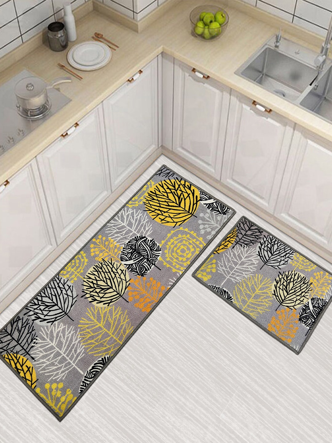 

Matz and More Grey & Yellow 2 Pieces Printed Anti-Slip Runners