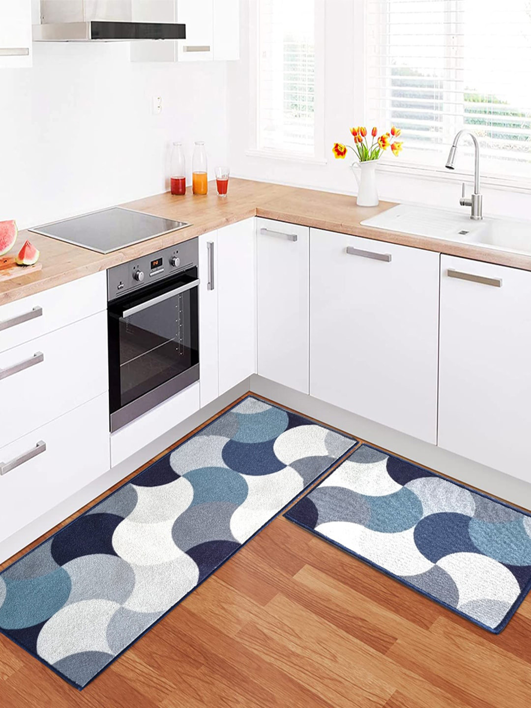 

Matz and More Blue & White 2 Pieces Geometric Printed Anti-Slip Runner & Floor Mat