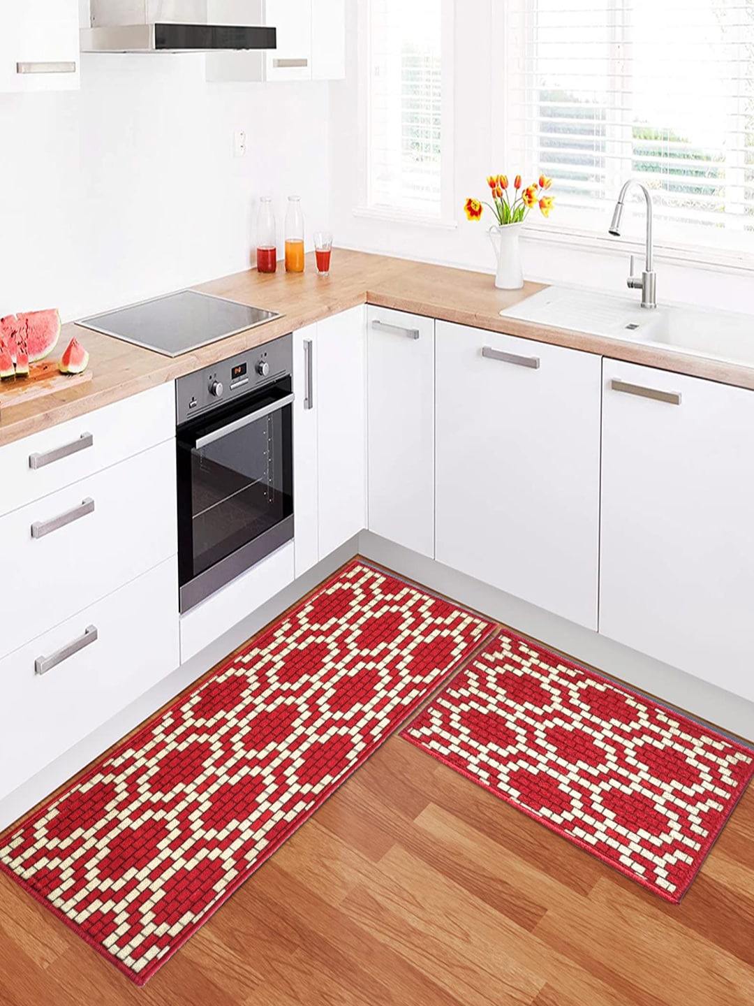 

Matz and More Red & White 2 Pieces Geometric Printed Anti-Slip Runner & Floor Mat