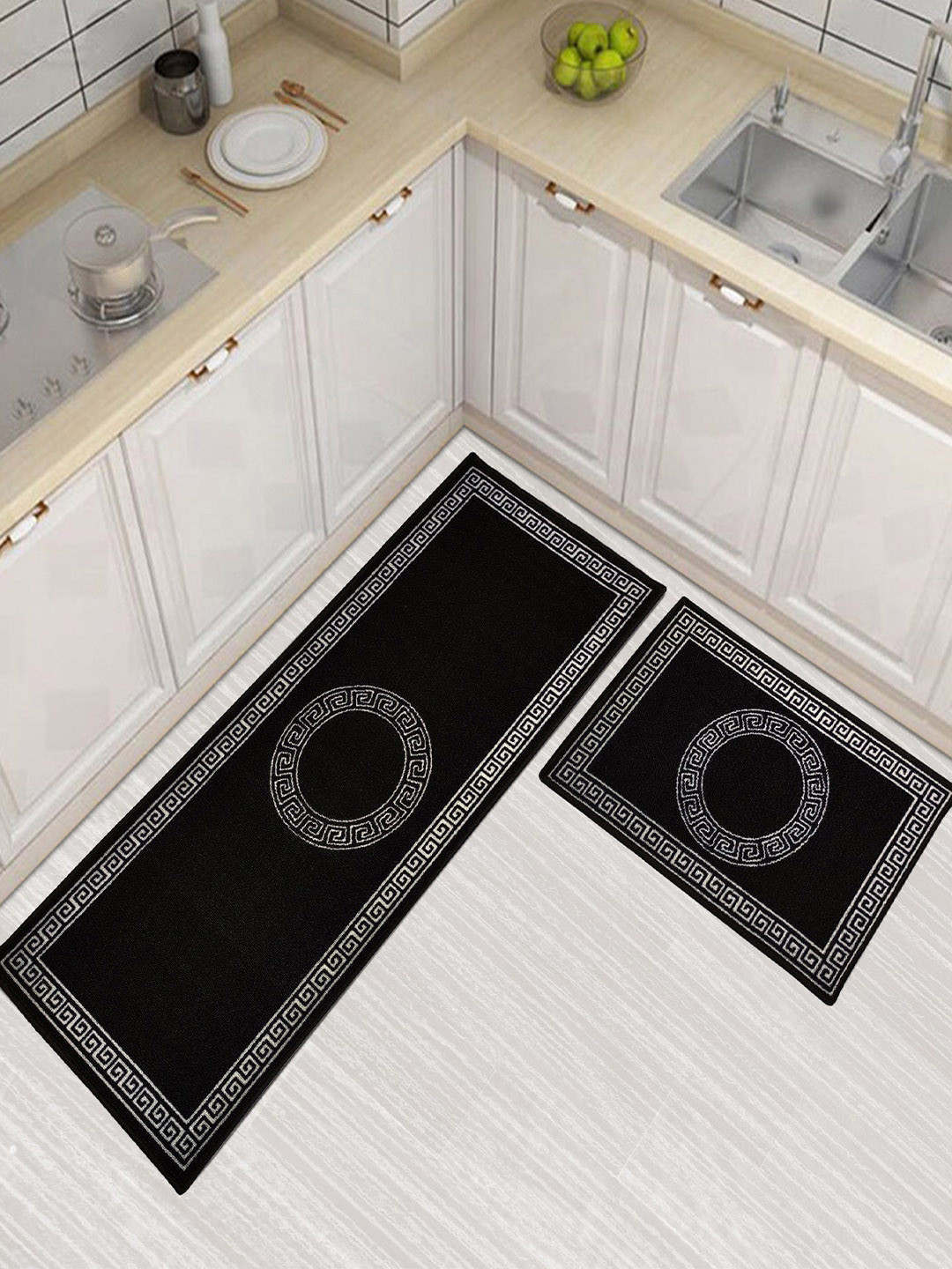 

Matz and More Black 2 Pieces Geometric Printed Anti-Slip Runner & Floor Mat
