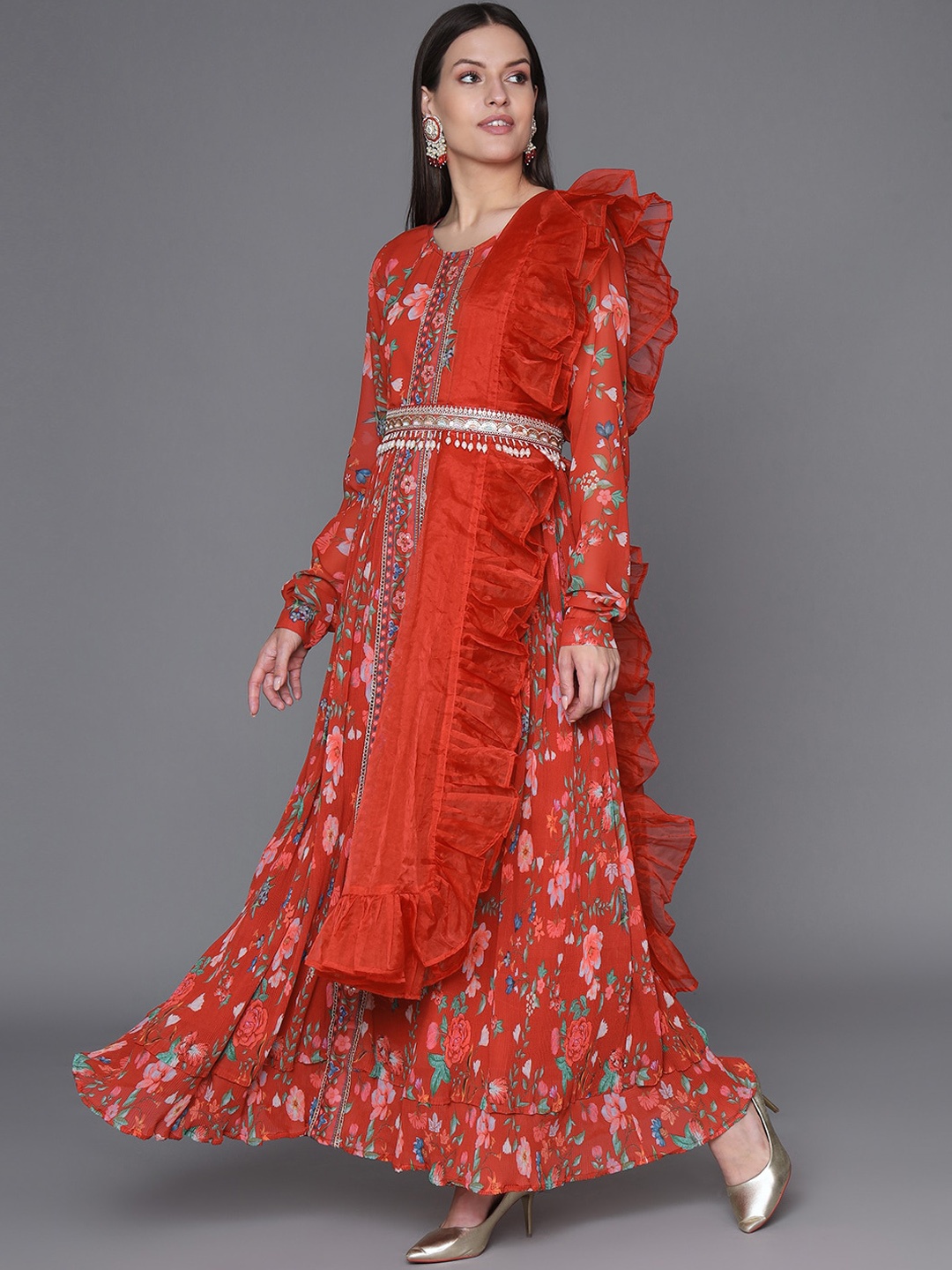 

HEEPOSH Floral Printed Georgette Fit & Flare Maxi Ethnic Dress With Dupatta, Red