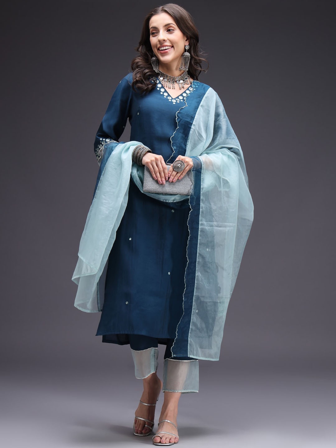 

HEEPOSH Geometric Embroidered V-Neck Mirror Work Straight Kurta & Trouser With Dupatta, Teal