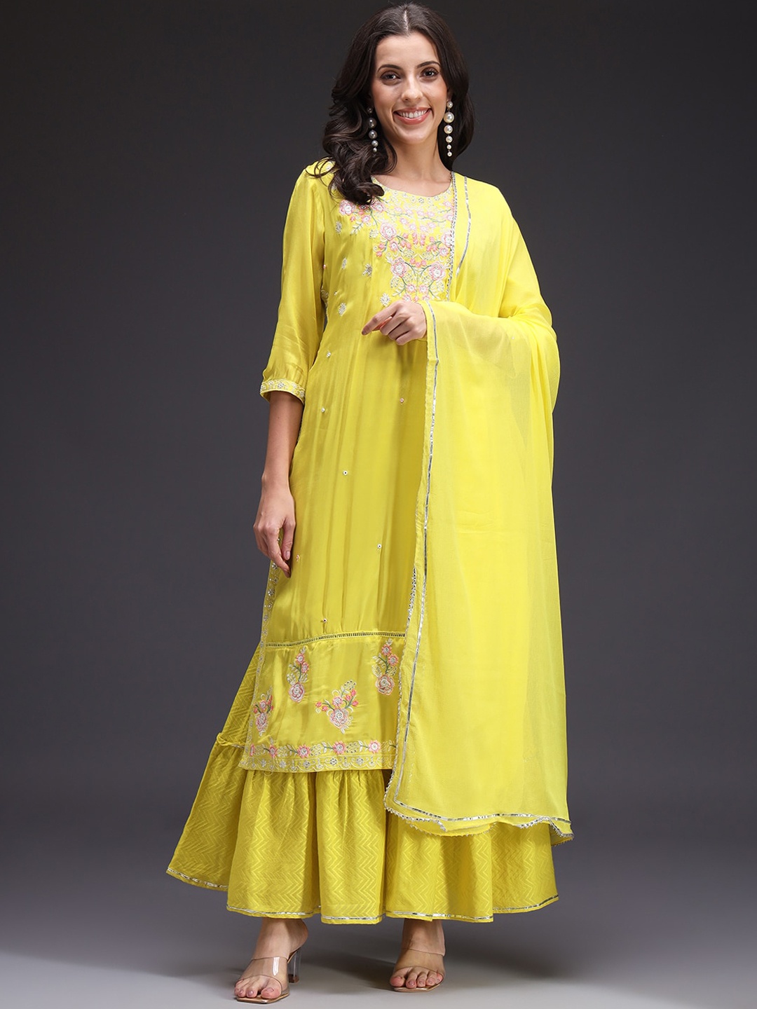 

HEEPOSH Floral Embroidered Mirror Work Straight Kurta & Sharara With Dupatta, Yellow