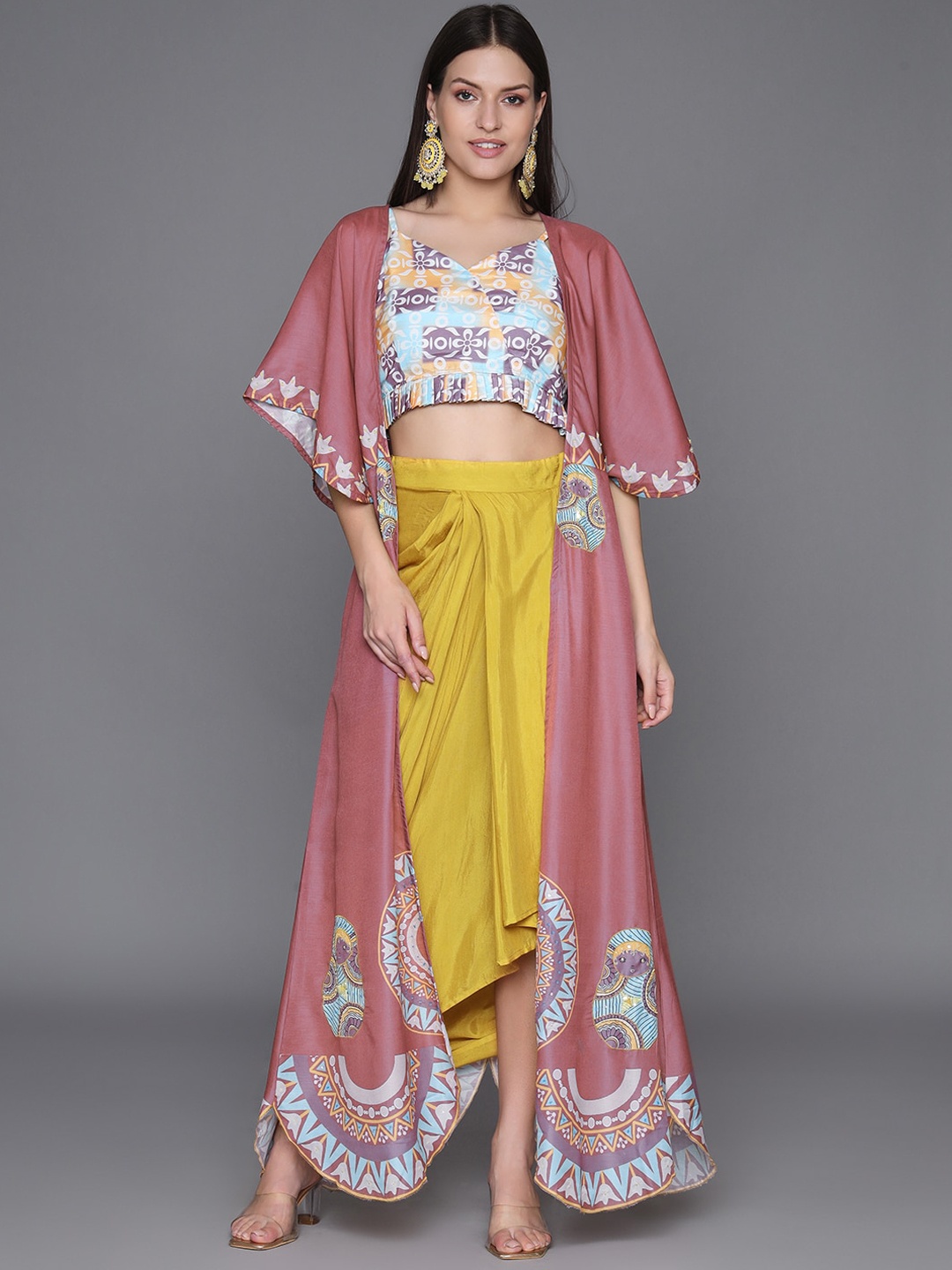 

HEEPOSH Ethnic Motif Printed Top With Dhoti Style Skirt & Long Shrug Co-Ords, Blue