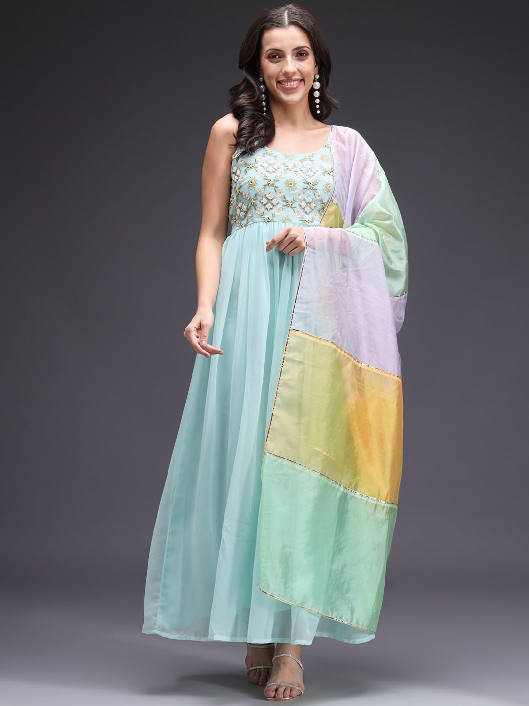 

HEEPOSH Embellished Shoulder Straps Fit & Flare Georgette Maxi Ethnic Dress With Dupatta, Blue