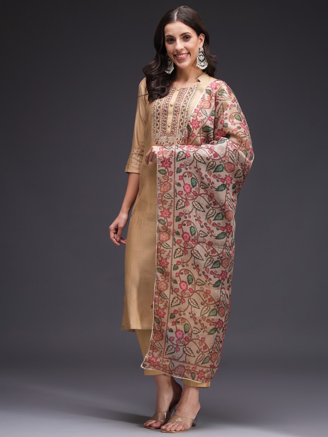 

HEEPOSH Floral Embroidered Regular Kurta With Trousers & Dupatta, Beige