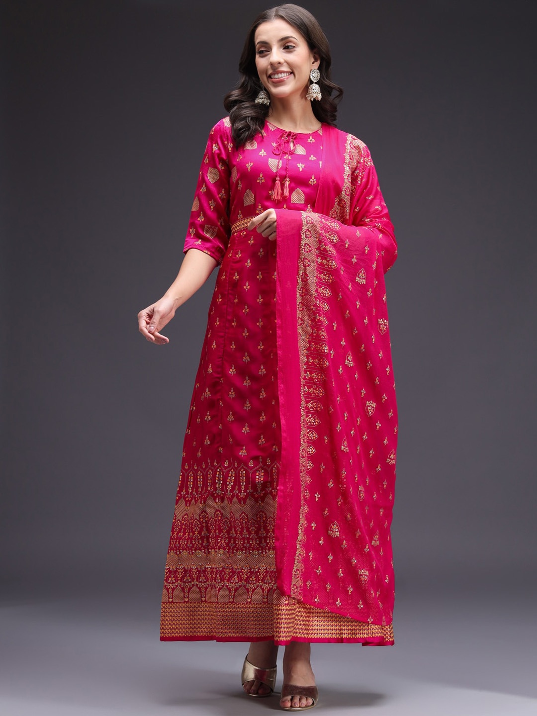 

HEEPOSH Ethnic Motifs Printed Tie-Up Neck Silk Maxi Ethnic With Dupatta, Pink