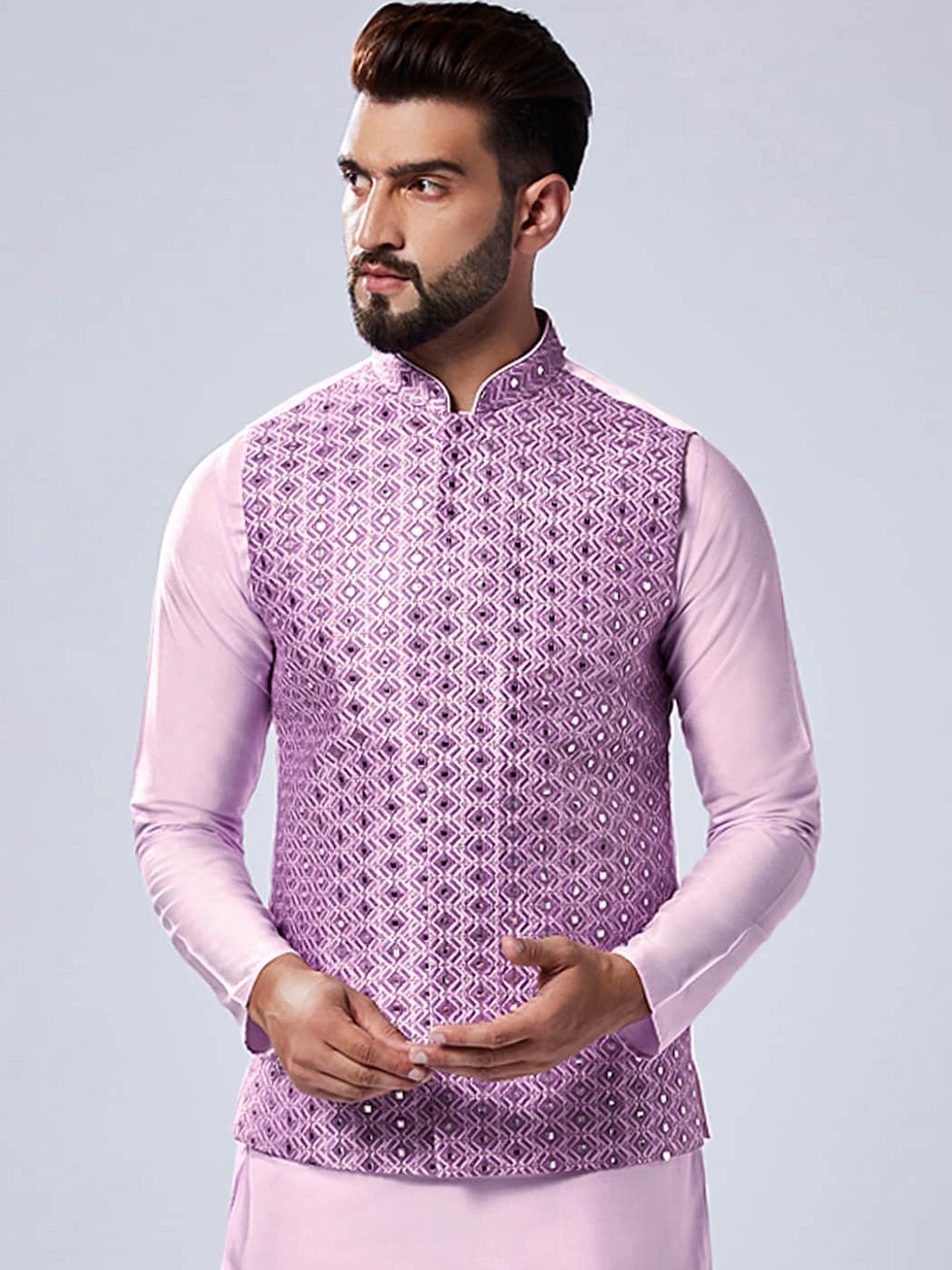 

KISAH Men Embroidered Zari Regular Fit Nehru Jacket, Lavender