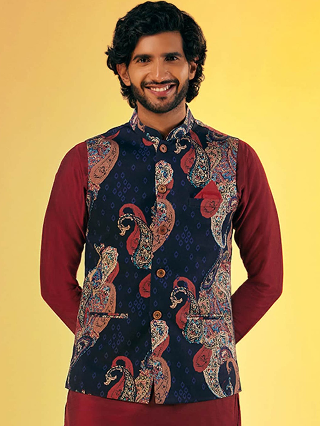 

KISAH Ethnic Motifs Printed Nehru Jackets, Navy blue